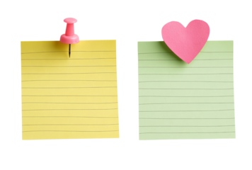 Two sticky notes, one yellow and one green, with a pink heart and a pink pushpin, isolated on transparent background