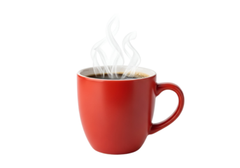 A vibrant red mug of steaming coffee, accented by white musical notes rising from the hot beverage against a striking black backdrop.
