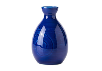 A vibrant, glossy blue decorative ceramic sake bottle stands out against a black background.