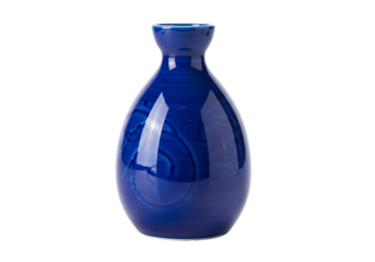 A vibrant, glossy blue decorative ceramic sake bottle stands out against a black background.