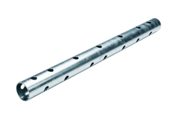 A long, cylindrical metal pipe with numerous evenly spaced perforations is displayed against a black backdrop.