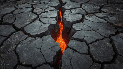Cracked dry earth with lava glowing in the fissure, depicting drought and climate change.