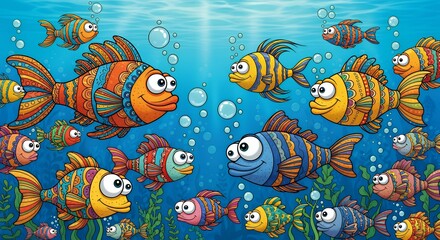 Naklejka premium Colorful Cartoon Fish Swimming Underwater Scene with Seaweed and Bubbles for Children's Educational Content