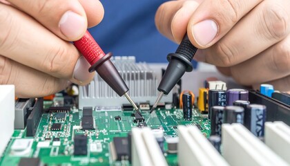 A close-up shot of a person using a multimeter to test electronic components on a circuit board.