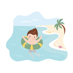 Cute boy on inflatable ring swims in the sea. little kid using swim ring for swimming. Happy child on tropical beach, seashore. Summer time, vacation