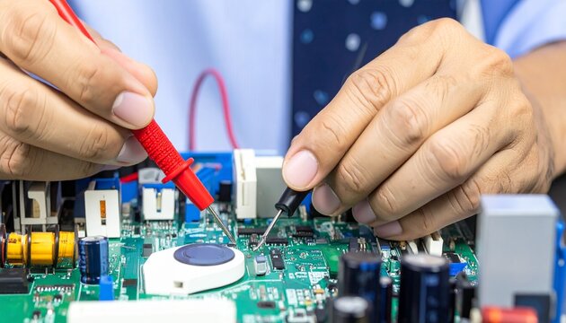 Close-up of a technician's hands using multimeter probes to check an electronic printed circuit board.