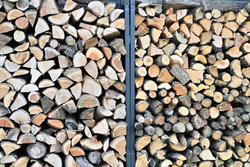Detail close up for wood drying near the wall house for winter heating