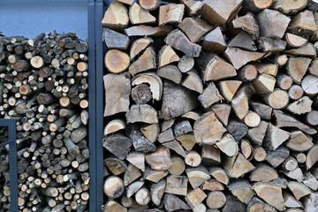Detail close up for wood drying near the wall house for winter heating