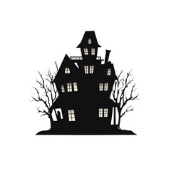 Spooky Silhouette of a Haunted House with Windows and Trees for Halloween or Horror Themes