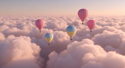 Fototapeta premium Colorful Hot Air Balloons Floating Above Pink Cloudscape During Sunrise