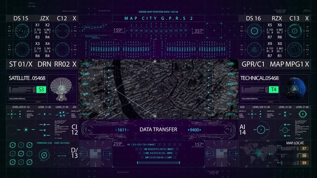 Futuristic HUD Interface: Satellite Data, City Scan, and Global Network Monitoring - Powered by Adobe