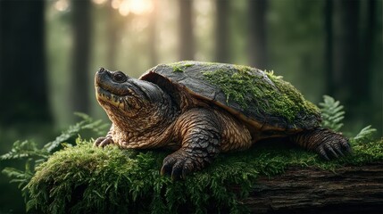 Majestic Turtle on Mossy Log in Sunlit Forest with Vibrant Greenery and Soft Bokeh Background
