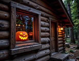 Obraz premium a rustic wooden cabin in the forest with a jack o lantern glowing on the windowsill, the light flickering gently and creating warm reflections that naturally attract the viewer's gaze