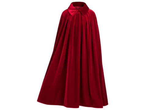 A rich, crimson velvet cloak drapes elegantly against a stark black backdrop.