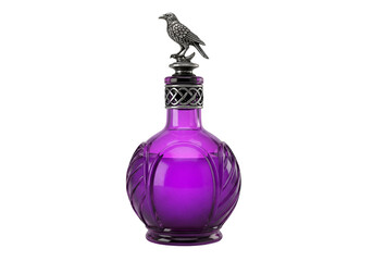 A vividly purple glass bottle, topped with a decorative metal raven, sits against a black backdrop.