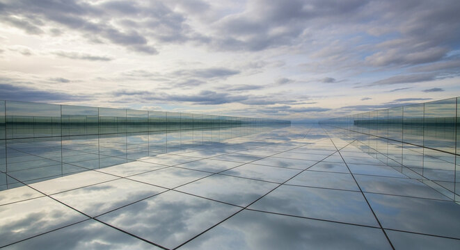 Reflective pavement under a cloudy sky at dusk isolated on white background isolated on transparent background silhouette