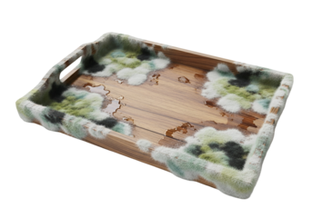A rectangular wooden tray displays a textured surface affected by mold, exhibiting various shades of green, gray, and white, with water droplets visible.