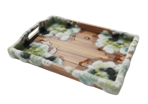 A rectangular wooden tray displays a textured surface affected by mold, exhibiting various shades of green, gray, and white, with water droplets visible.