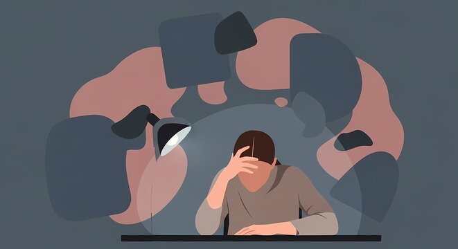 Flat vector illustration of a person overwhelmed by too many thoughts with abstract elements