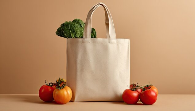 A natural canvas tote bag filled with fresh produce - Powered by Adobe