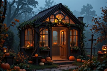 haunted victorian greenhouse decorated for halloween, twisted vines, glowing pumpkins, foggy background, antique tools, soft cinematic lighting, spooky yet elegant atmosphere