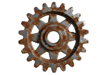 A detailed close-up of a rusted gear wheel against a dark background, showcasing the intricate patterns of corrosion.