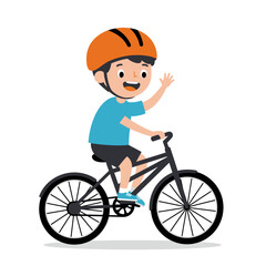 Obraz premium Happy cartoon boy in an orange helmet riding a black bicycle and waving.
