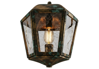 An octagonal, distressed antique-bronze lantern with cracked glass panels, showcasing a warm-toned Edison bulb.