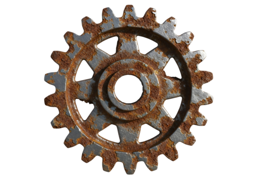 A detailed close-up of a rusted gear wheel against a dark background, showcasing the intricate patterns of corrosion.