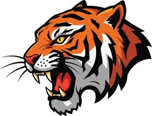 Fierce Tiger Head with Golden Eyes and Open Mouth Showing Sharp Teeth.