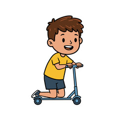 Happy cartoon boy with brown hair and a yellow shirt kneeling on a blue kick scooter.