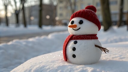 Fototapeta premium Smiling snowman with red hat and scarf on snowy ground – Winter joy, festive tradition, outdoor charm, seasonal character, cozy holiday, playful snow