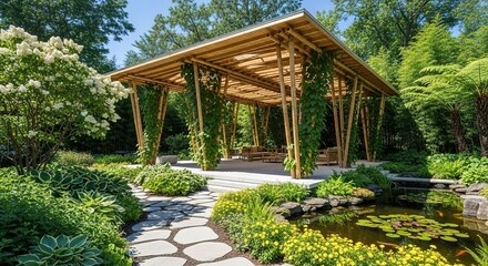 Serene Bamboo Pavilion with Lush Greenery and Reflective Pond in