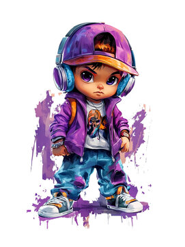 A cool cartoon boy wearing a hoodie and headphones. A hip, youthful illustration with a street art vibe.