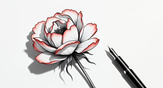 Black and White Flower with Red Edges Hand-drawn Illustration with Pen on White Background