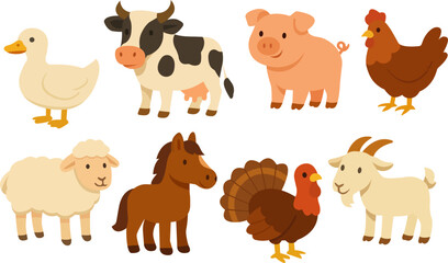 Flat vector set of farm animals including cow, pig, chicken, duck, sheep, horse, turkey and goat.