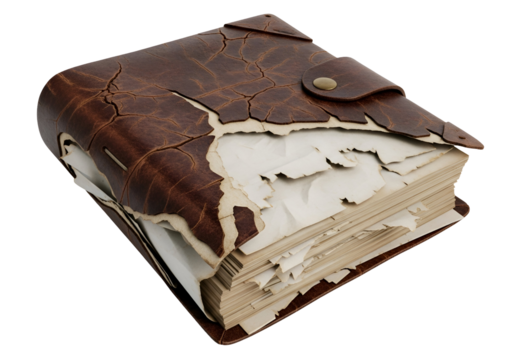 A weathered, antique leather-bound book, with torn pages, showcasing a vintage, aged appearance against a stark black background.
