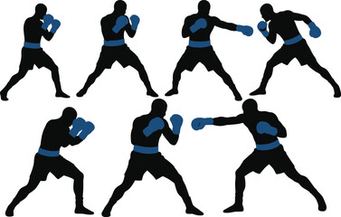 Silhouetted Boxers in Action Dynamic Poses with Blue Gloves and Shorts.
