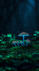 Mystical Glowing Mushrooms Illuminating a Dark Forest Floor with Ethereal Light and Sparkling Particles