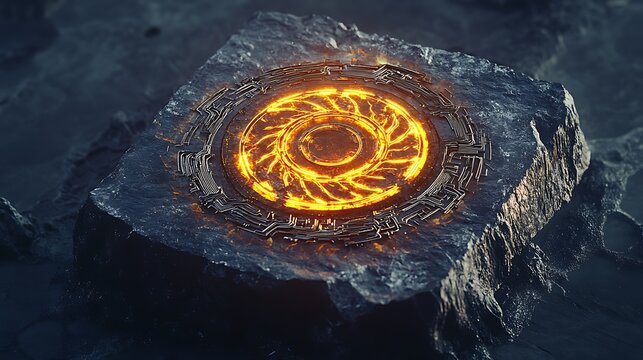 Ancient sun medallion reimagined as glowing solar circuit core on obsidian slab