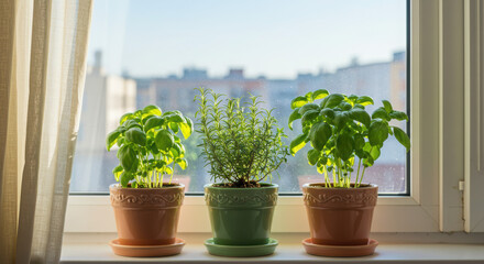 Fototapeta premium Nurturing Basil and Thyme Plants on a Sunny Windowsill in a Cozy Apartment Setting with a Focus on Greenery and Serenity