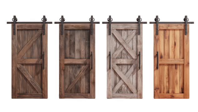 Three rustic wooden barn doors, various shades
