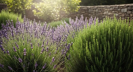Lavender and Rosemary Garden in Sunlight.