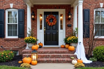 Naklejka premium transform a brick townhouse for halloween using elegant pumpkins, lanterns, and minimal ghostly props complementing the brick facade.