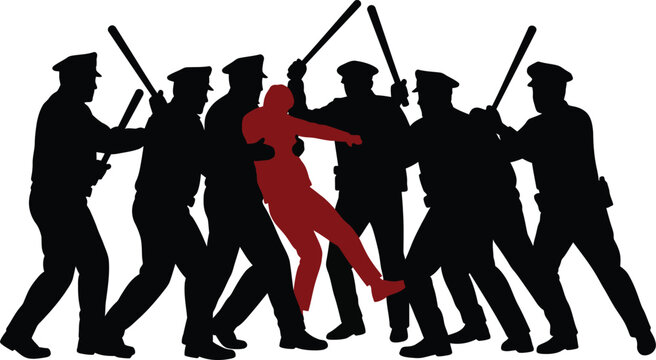 Silhouette of Police Subduing Suspect with Batons. Vector Illustration