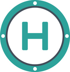 A vibrant teal circular helipad icon featuring a bold 'H' at its center, surrounded by a double ring and four evenly spaced rivets. 