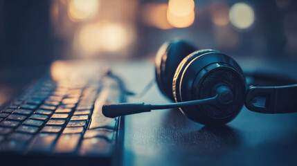 Glowing headset and softly lit keyboard on modern desk representing attentive customer support and digital connectivity