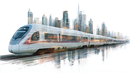 High speed train passing through modern cityscape on white background