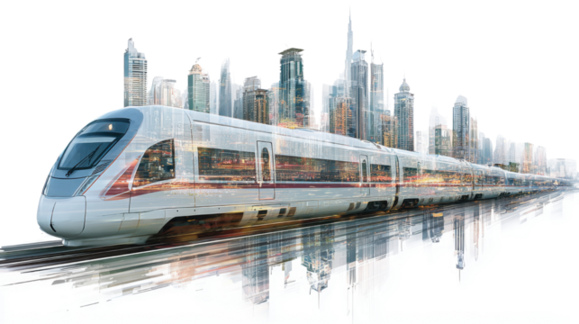 High speed train passing through modern cityscape on white background
