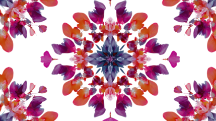 Symmetrical kaleidoscope pattern in bright colors on white background